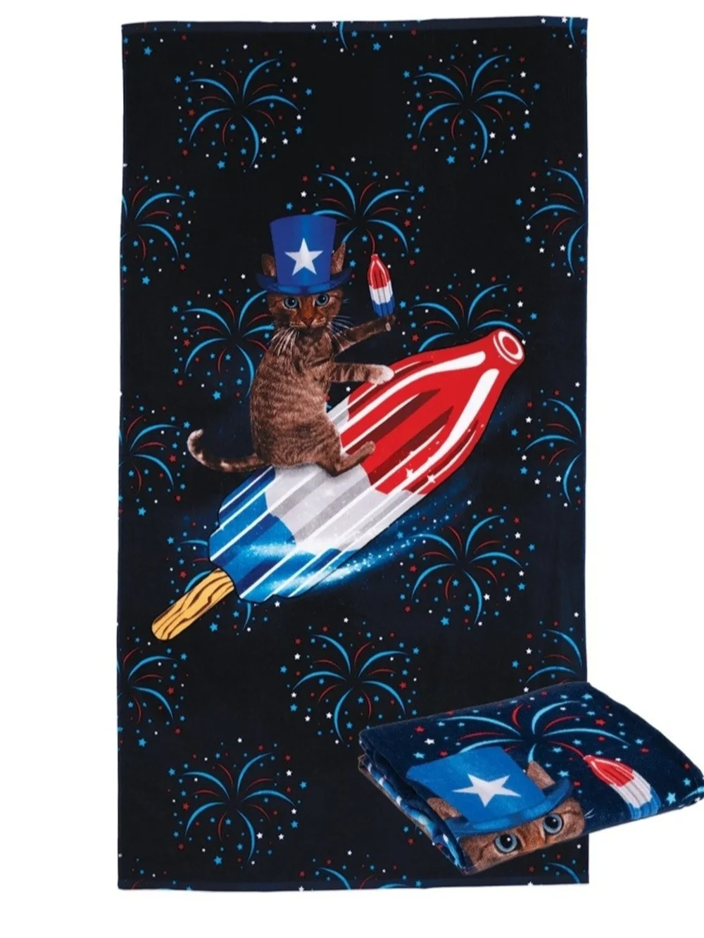 Patriotic Cat Rocket Beach Towel - Blue Red White